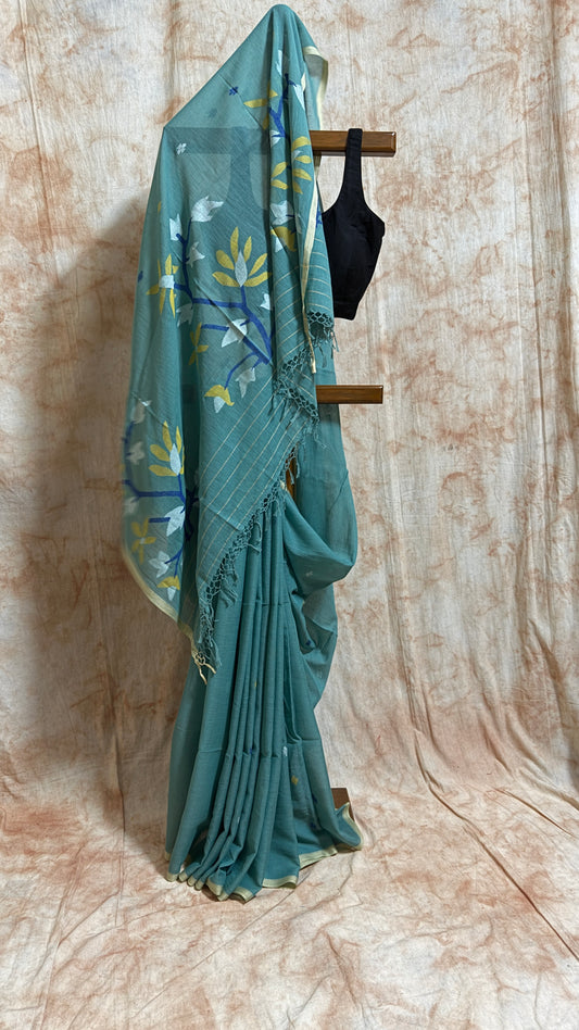 Mul Cotton with Jamdani flower handwork - Sea Green