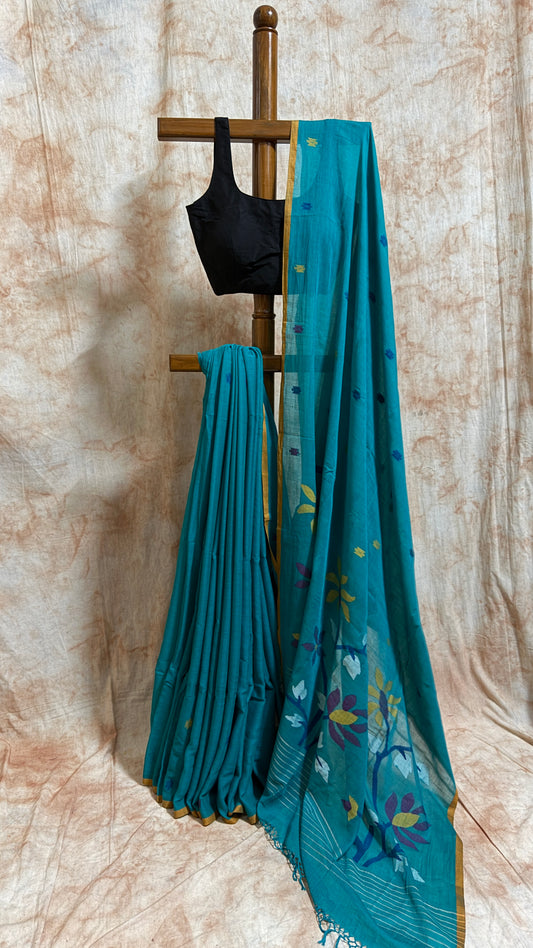 Mul Cotton with Jamdani flower handwork - Dark Green