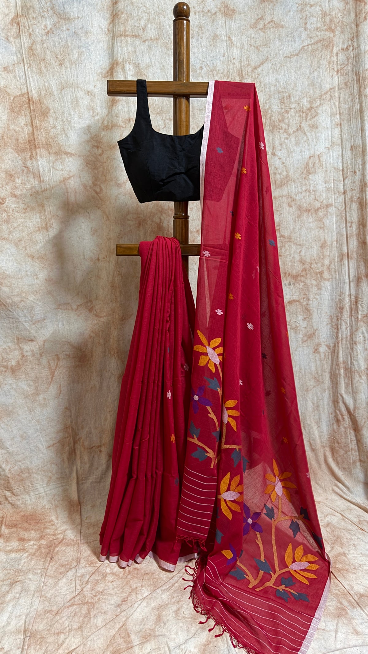 Mul Cotton with Jamdani flower handwork - Red