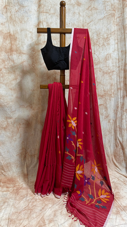 Mul Cotton with Jamdani flower handwork - Red