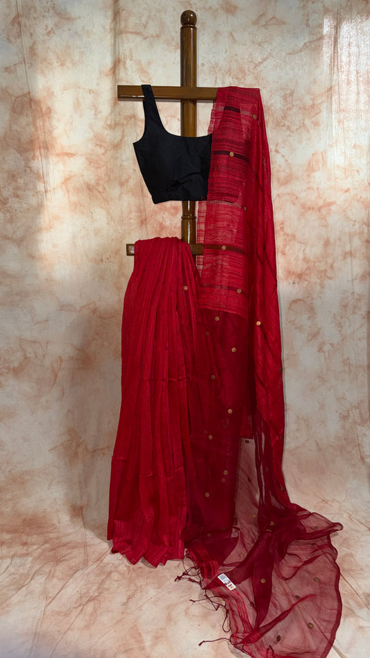 Handloom Ginni Matka Silk Saree with Silk mark - Ruby Red