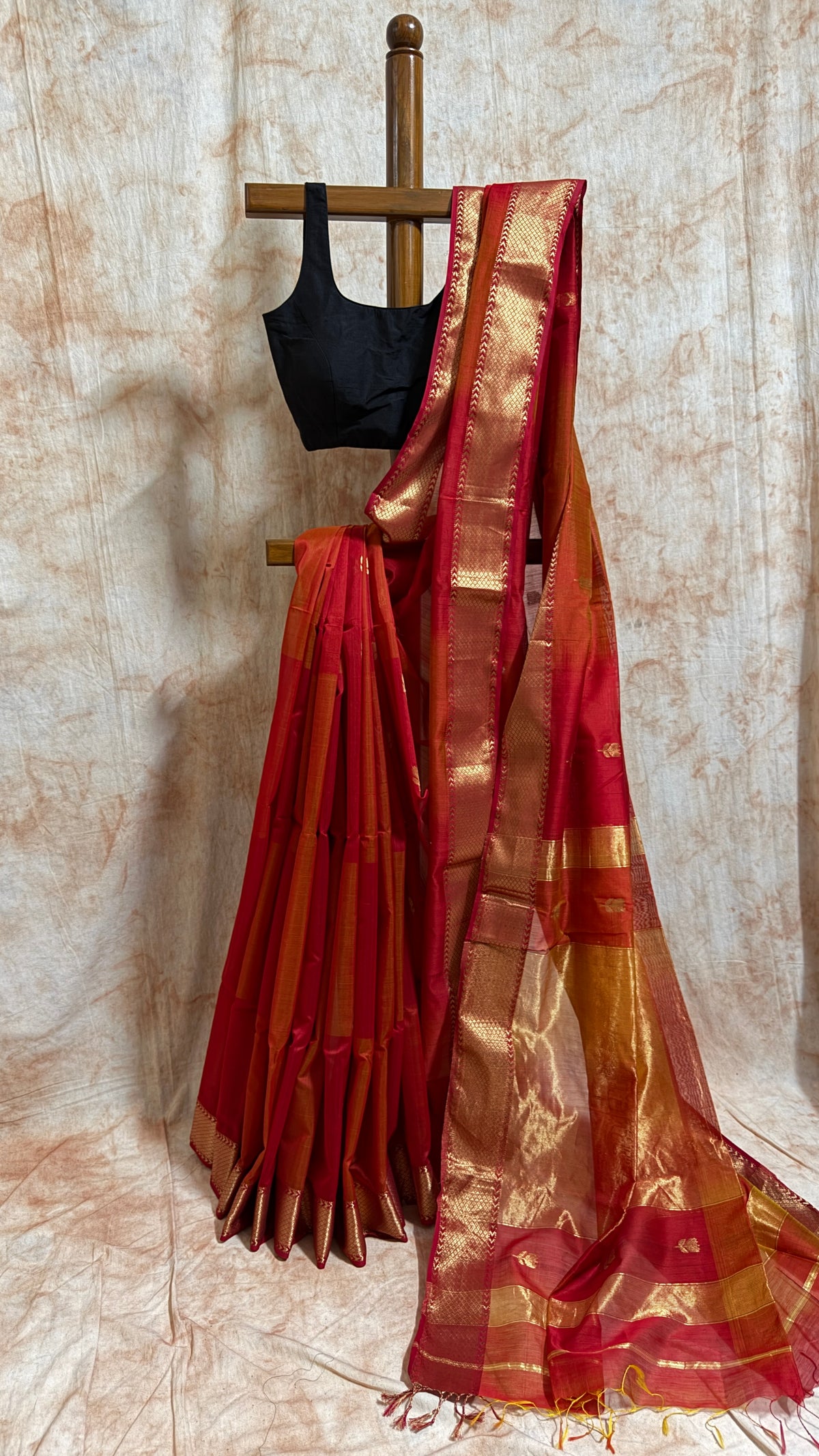 Handloom Kamal Butta Maheshwari Saree - Orange Dual Tone