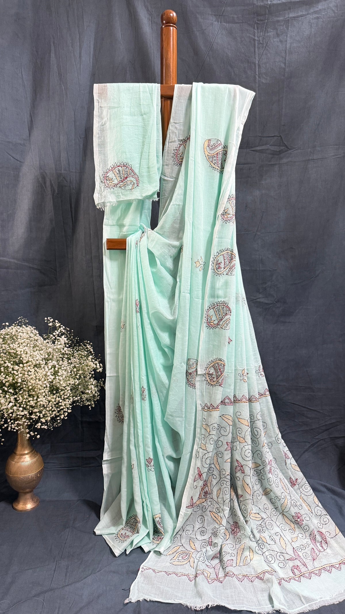 Kantha Embroidery on Mul Cotton Handloom Saree - Sky Blue