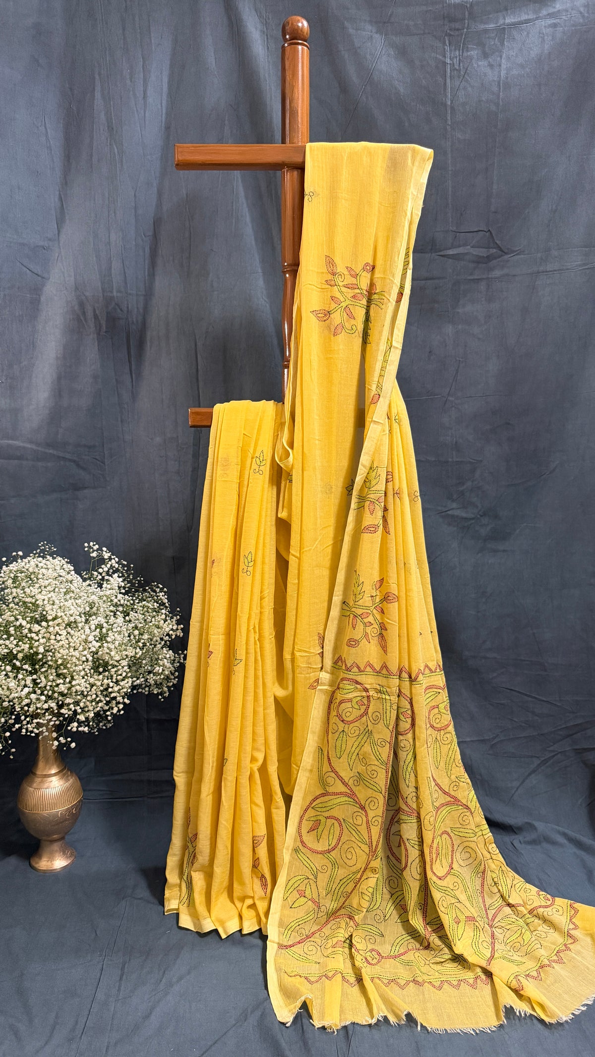 Kantha Embroidery on Mul Cotton Handloom Saree - Yellow