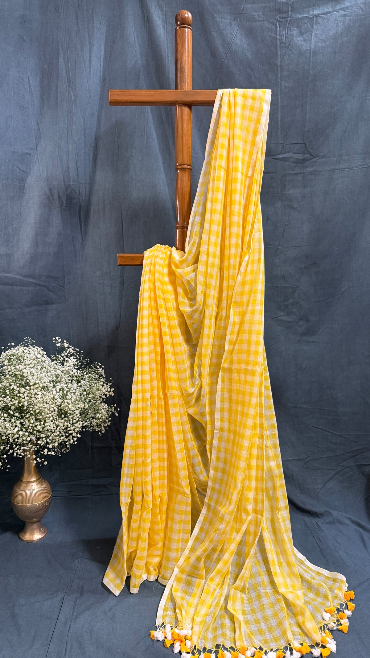 Yellow Gingham Checkered Handloom Mul Cotton