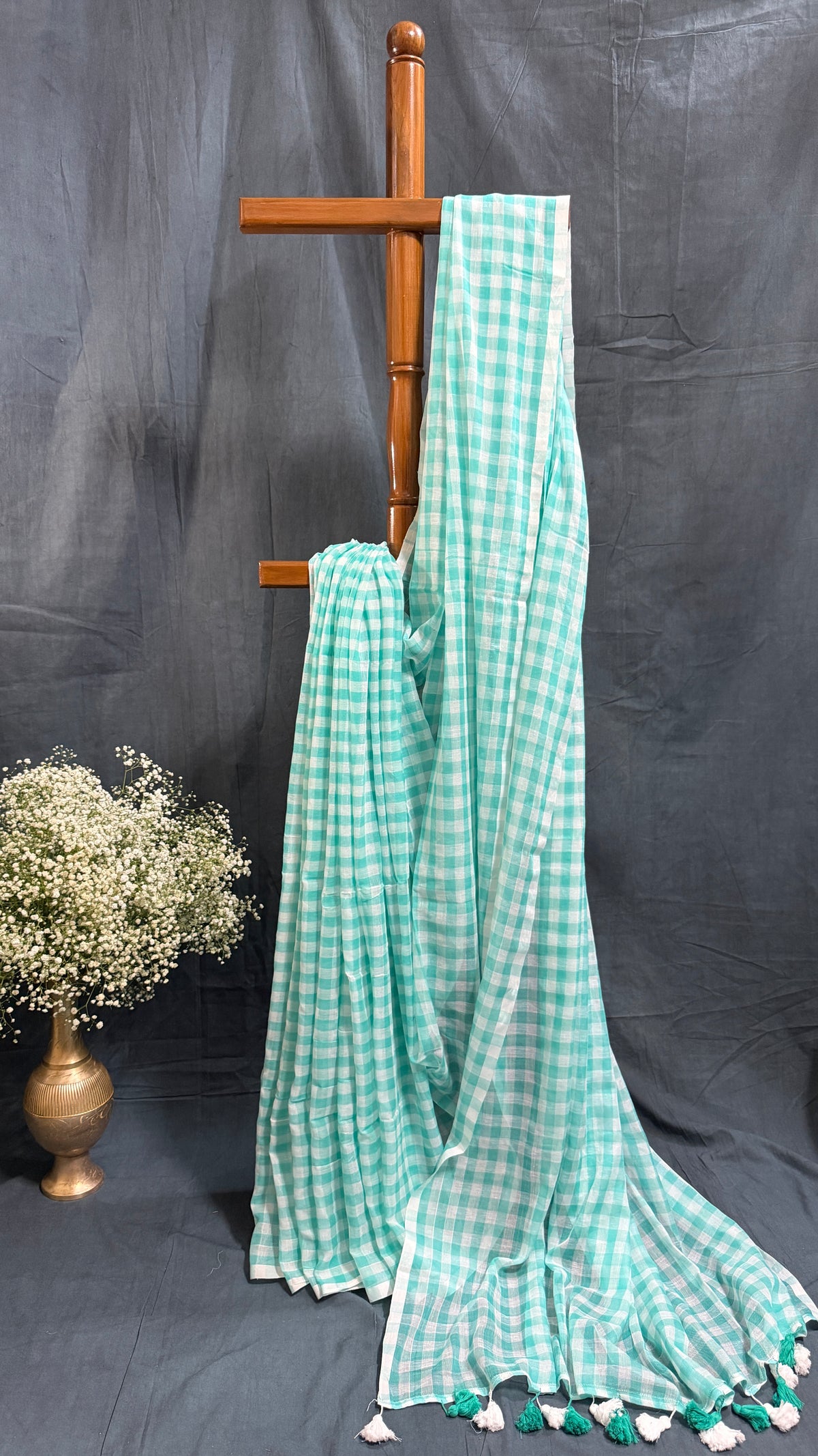 Mint Green Gingham Checkered Handloom Mul Cotton