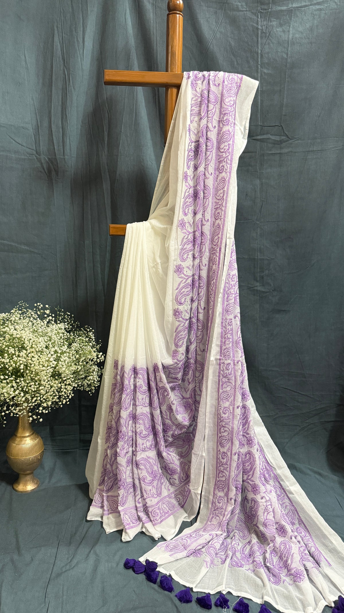 Purple Chikankari Mul Cotton Handloom Saree