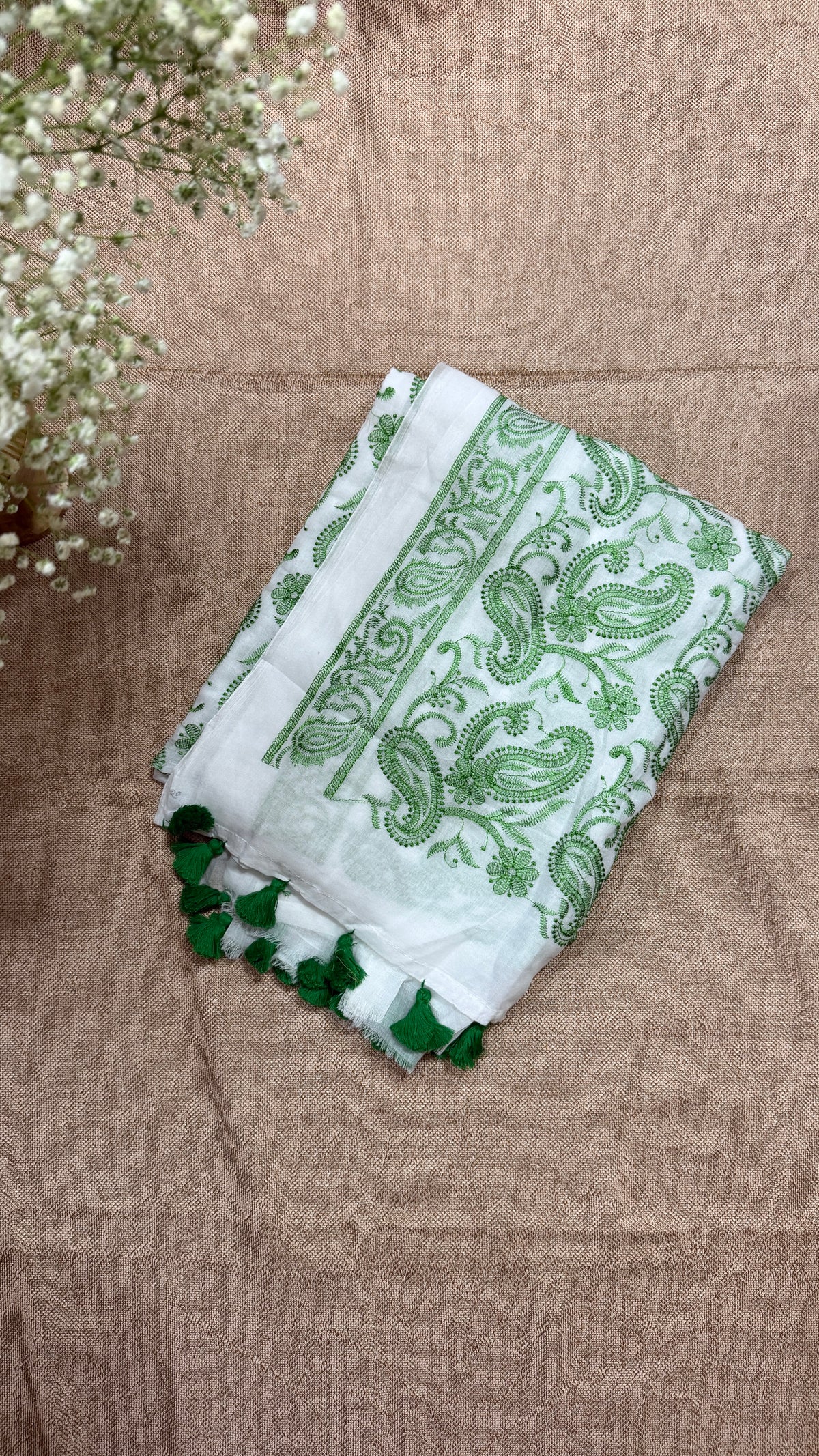 Green Chikankari Mul Cotton Handloom Saree