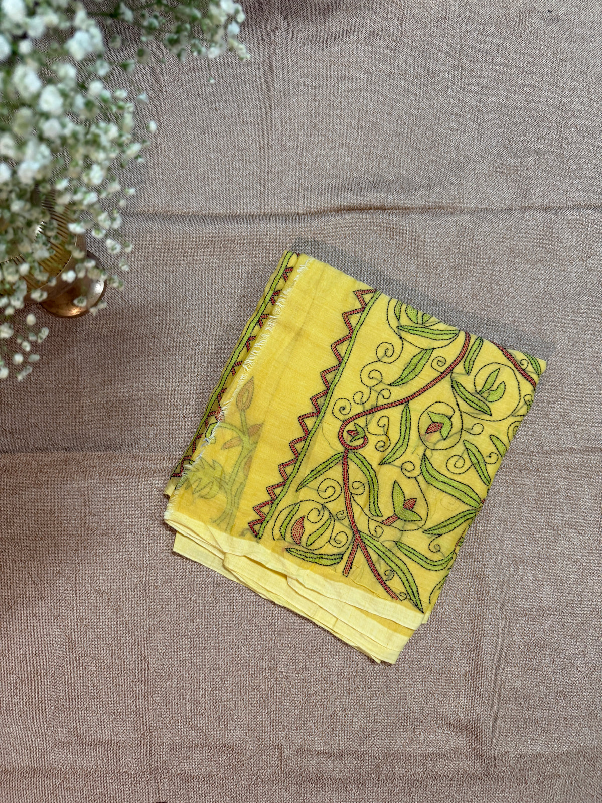Kantha Embroidery on Mul Cotton Handloom Saree - Yellow