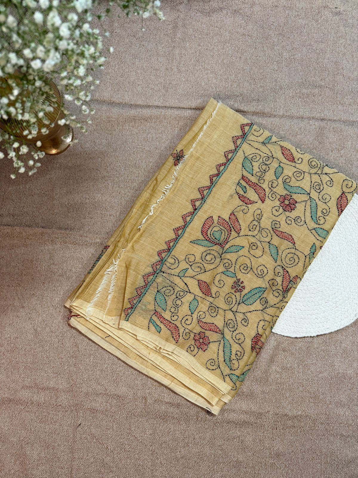 Kantha Embroidery on Mul Cotton Handloom Saree - Beige