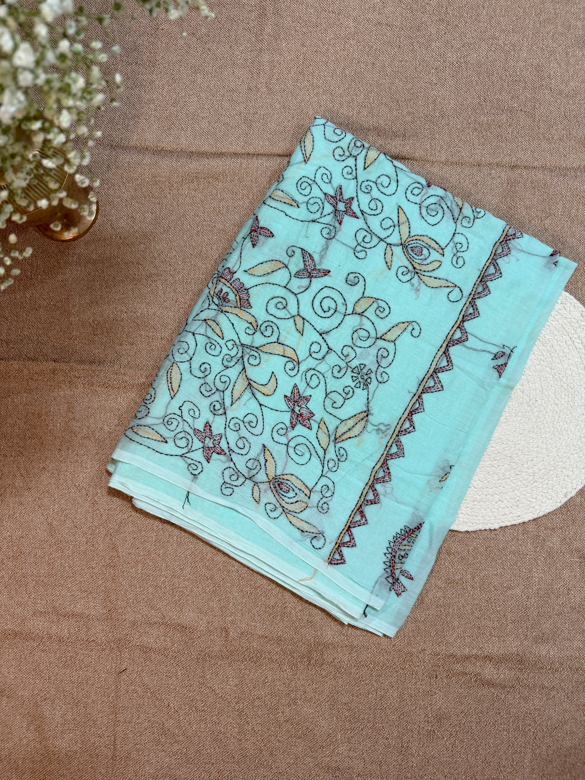 Kantha Embroidery on Mul Cotton Handloom Saree - Sky Blue