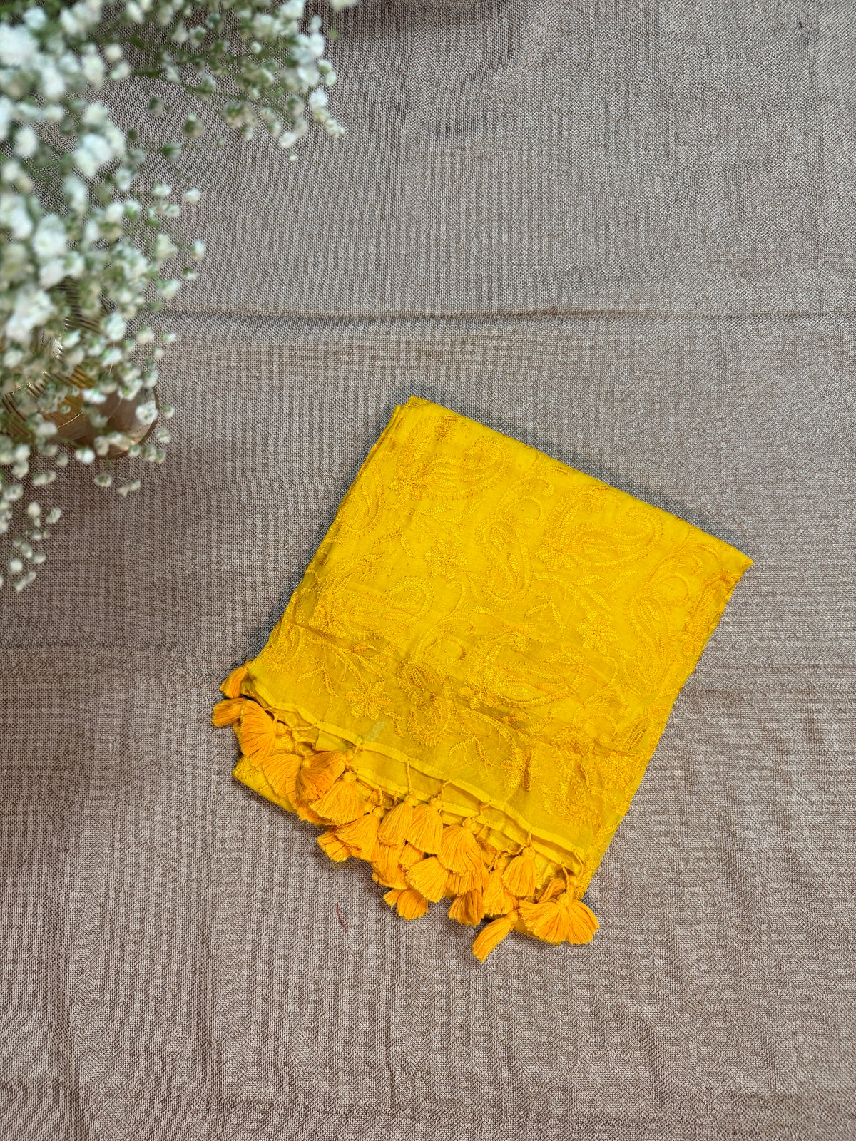 Chikankari on Mul Cotton Handloom Saree - Yellow