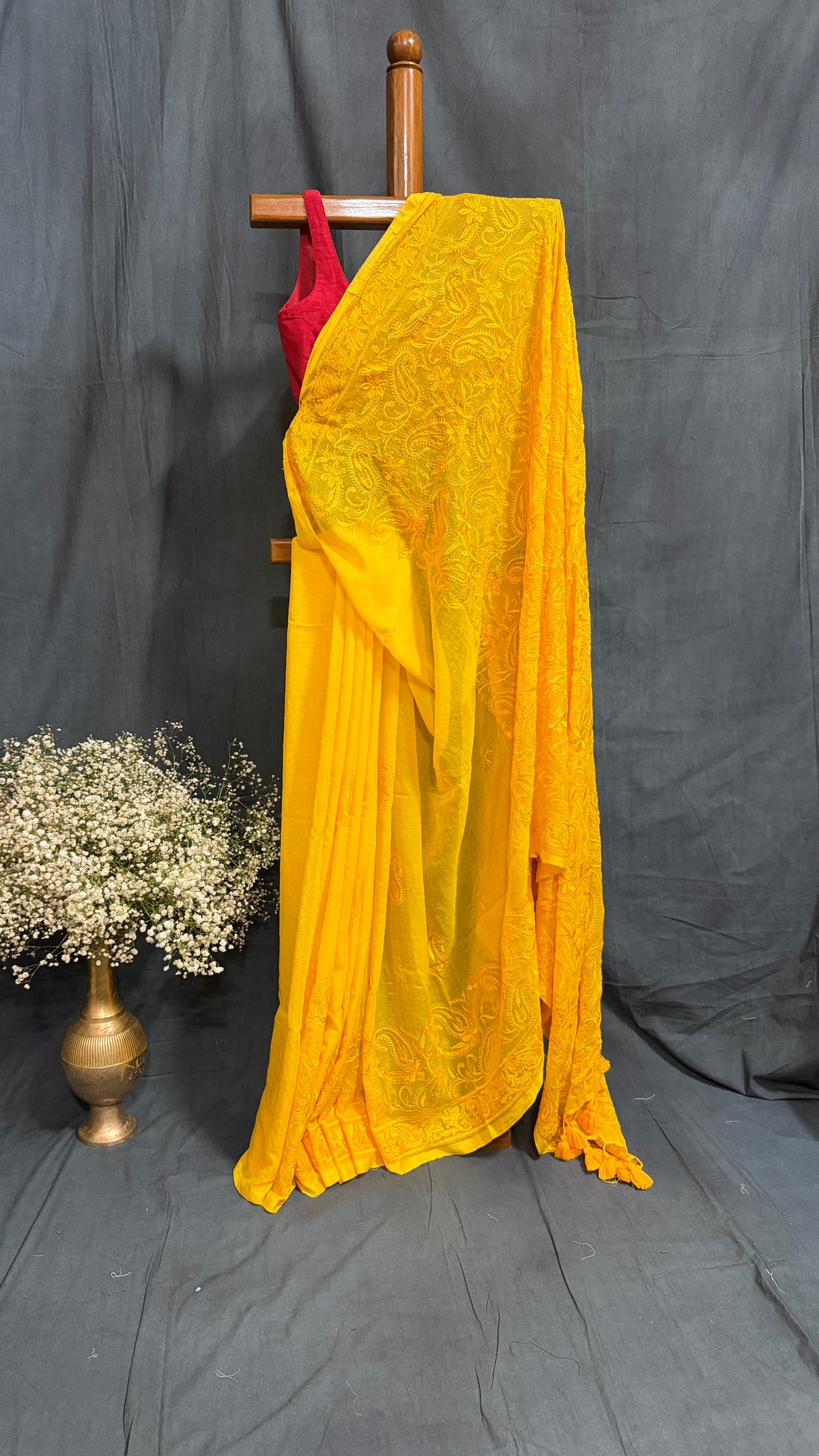 Chikankari on Mul Cotton Handloom Saree - Yellow