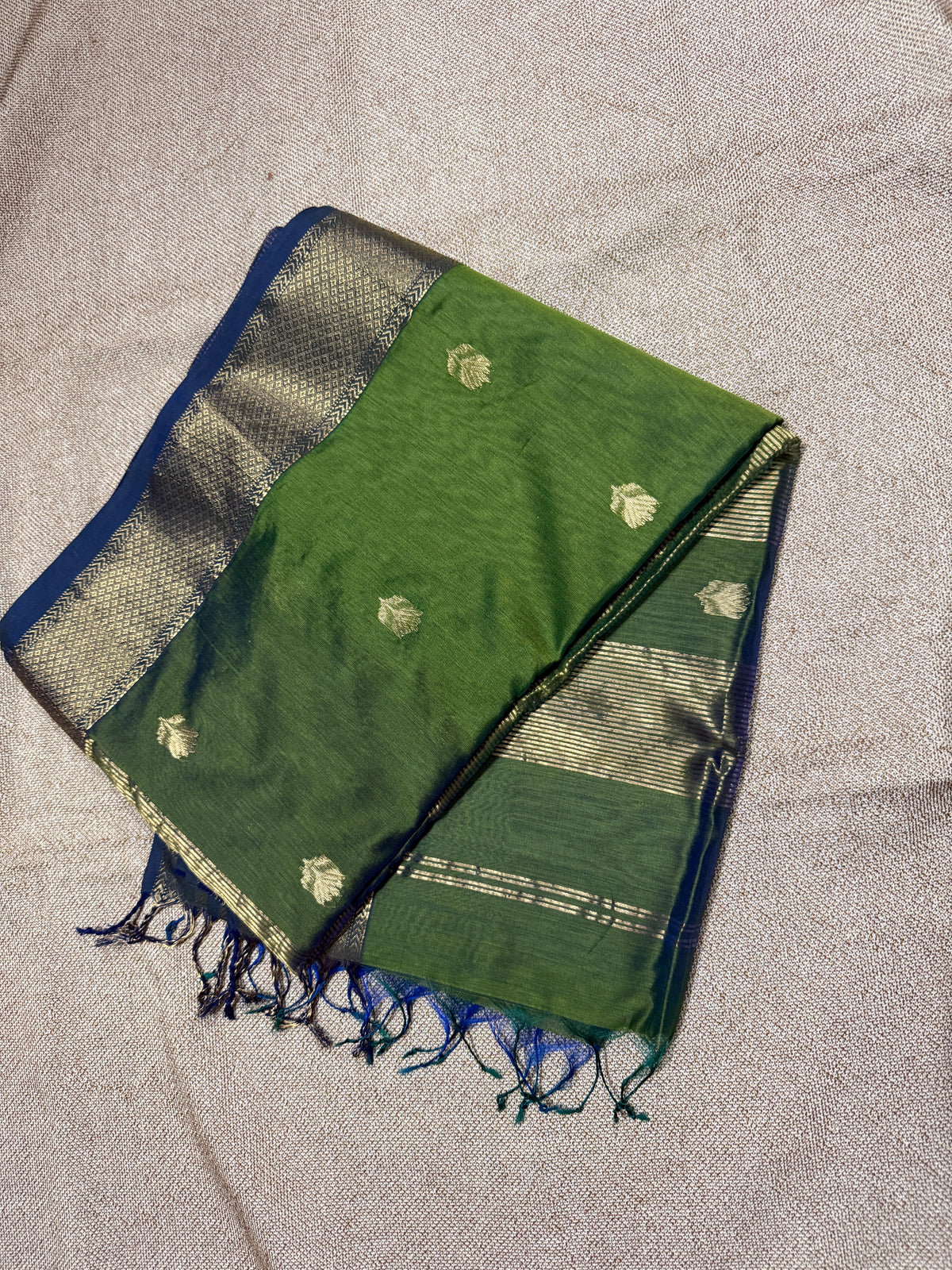 Handloom Kamal Butta Maheshwari Saree - Olive Green Dual Tone