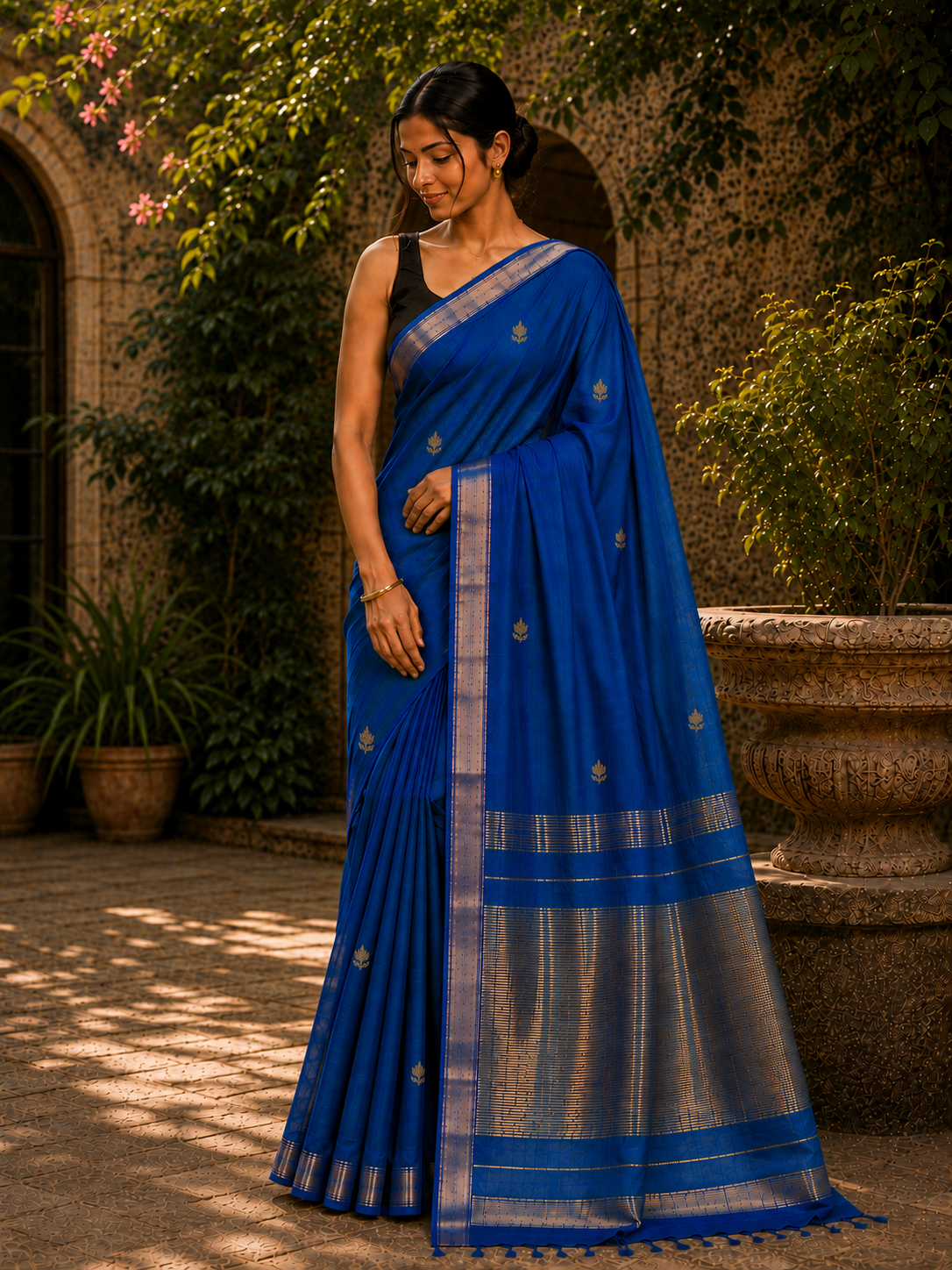 Handloom Kamal Butta Maheshwari Saree - Blue Green Dual Tone