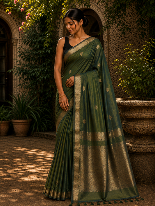 Handloom Kamal Butta Maheshwari Saree - Olive Green Dual Tone