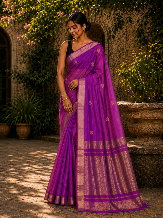 Handloom Kamal Butta Maheshwari Saree - Purple Pink Dual Tone