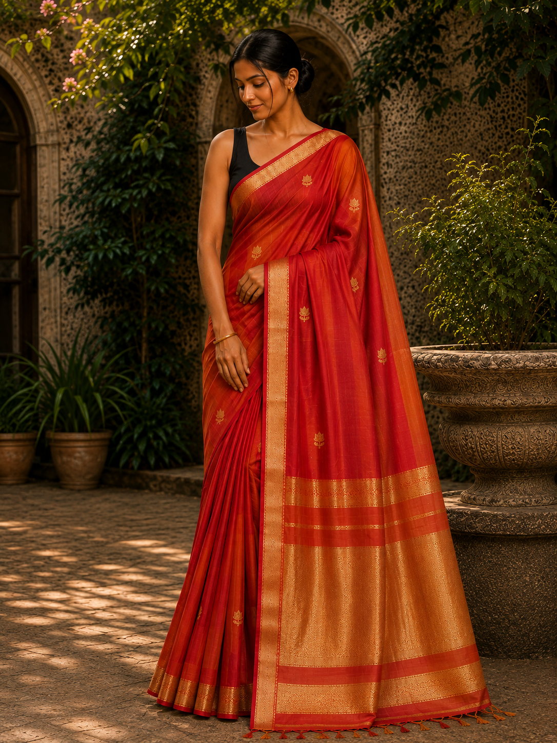 Handloom Kamal Butta Maheshwari Saree - Orange Dual Tone