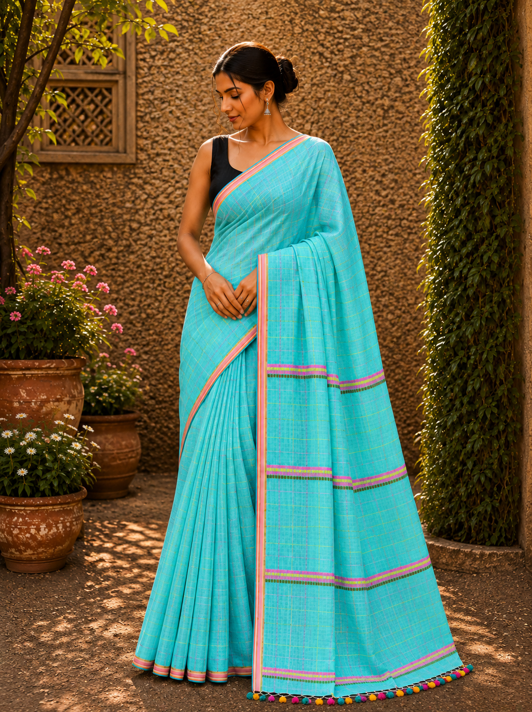Mul Cotton with Kantha handwork - Aqua Mint Green