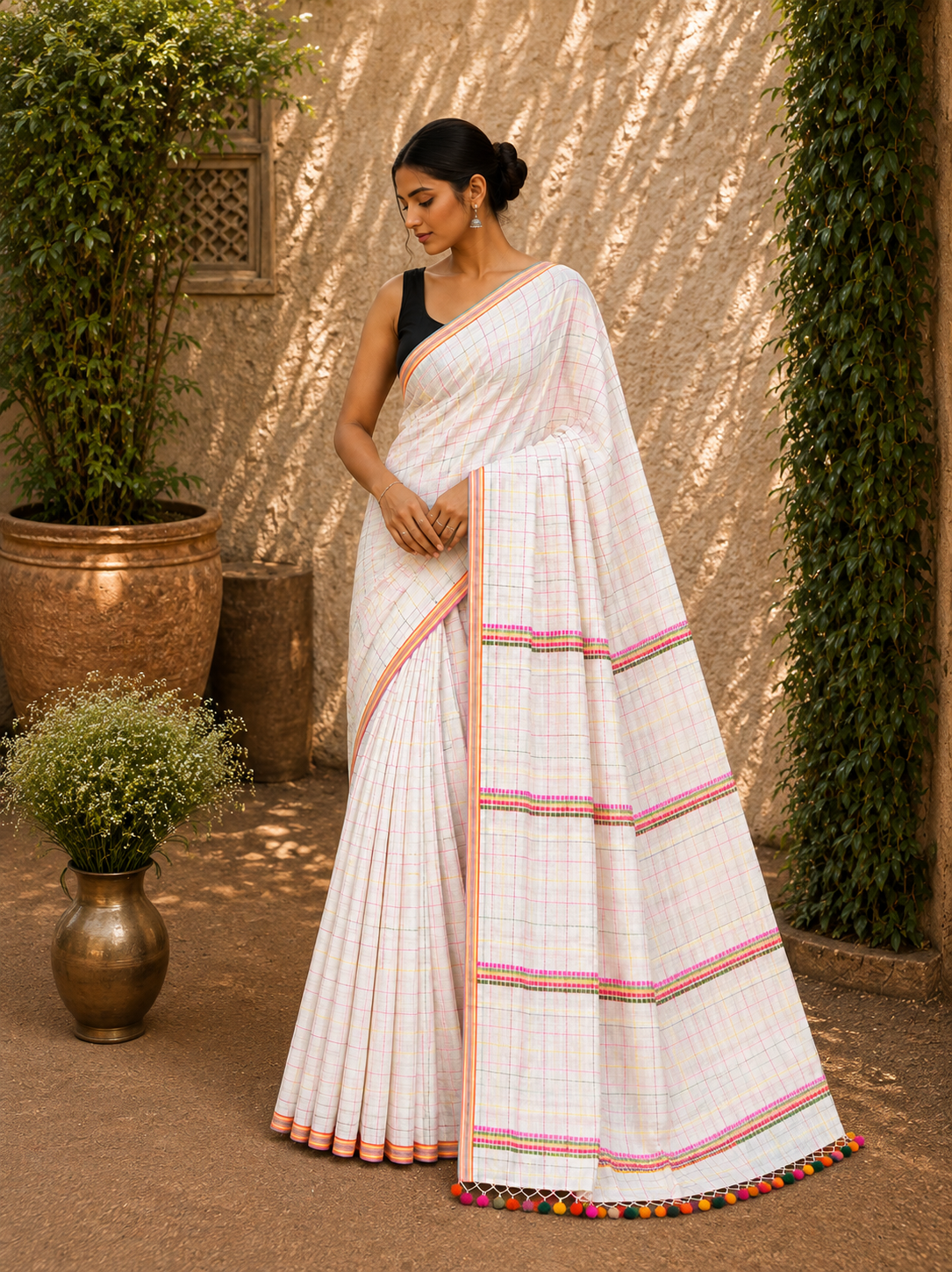 Mul Cotton with Kantha handwork - Cream