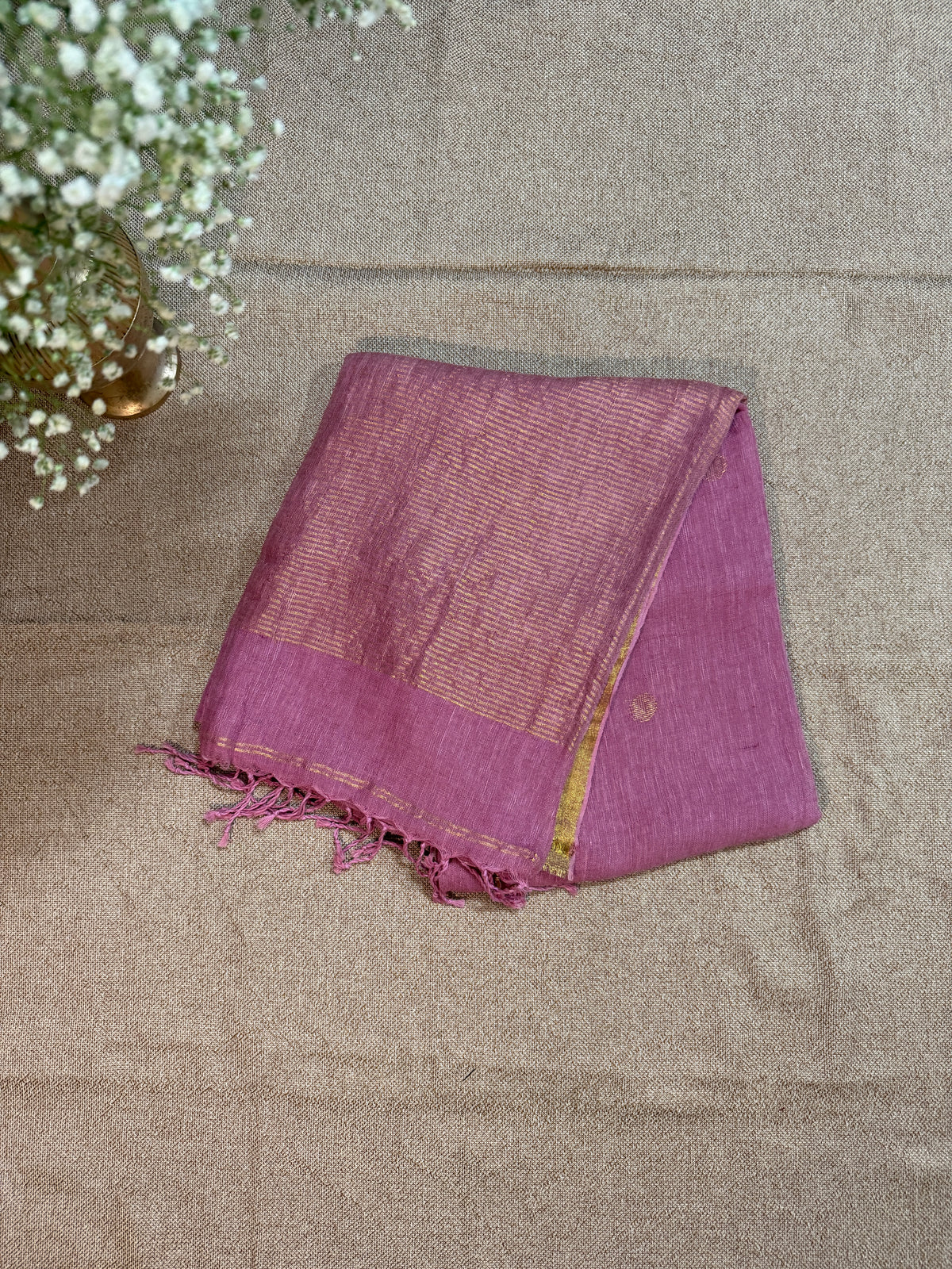 Handloom Linen Silk with Jamdani Buti - Pink