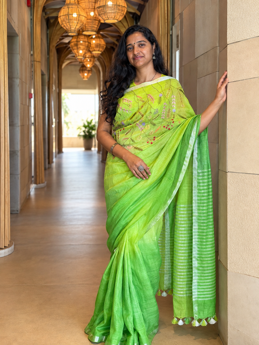 Shop the Ghar ki badi beti collection by House of Sehej. Features premium pure linen sarees adorned with intricate, artisanal hand embroidery. 24 Hour Didi Mode 