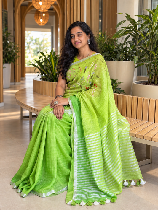 Shop the Ghar ki badi beti collection by House of Sehej. Features premium pure linen sarees adorned with intricate, artisanal hand embroidery. 24 Hour Didi Mode 