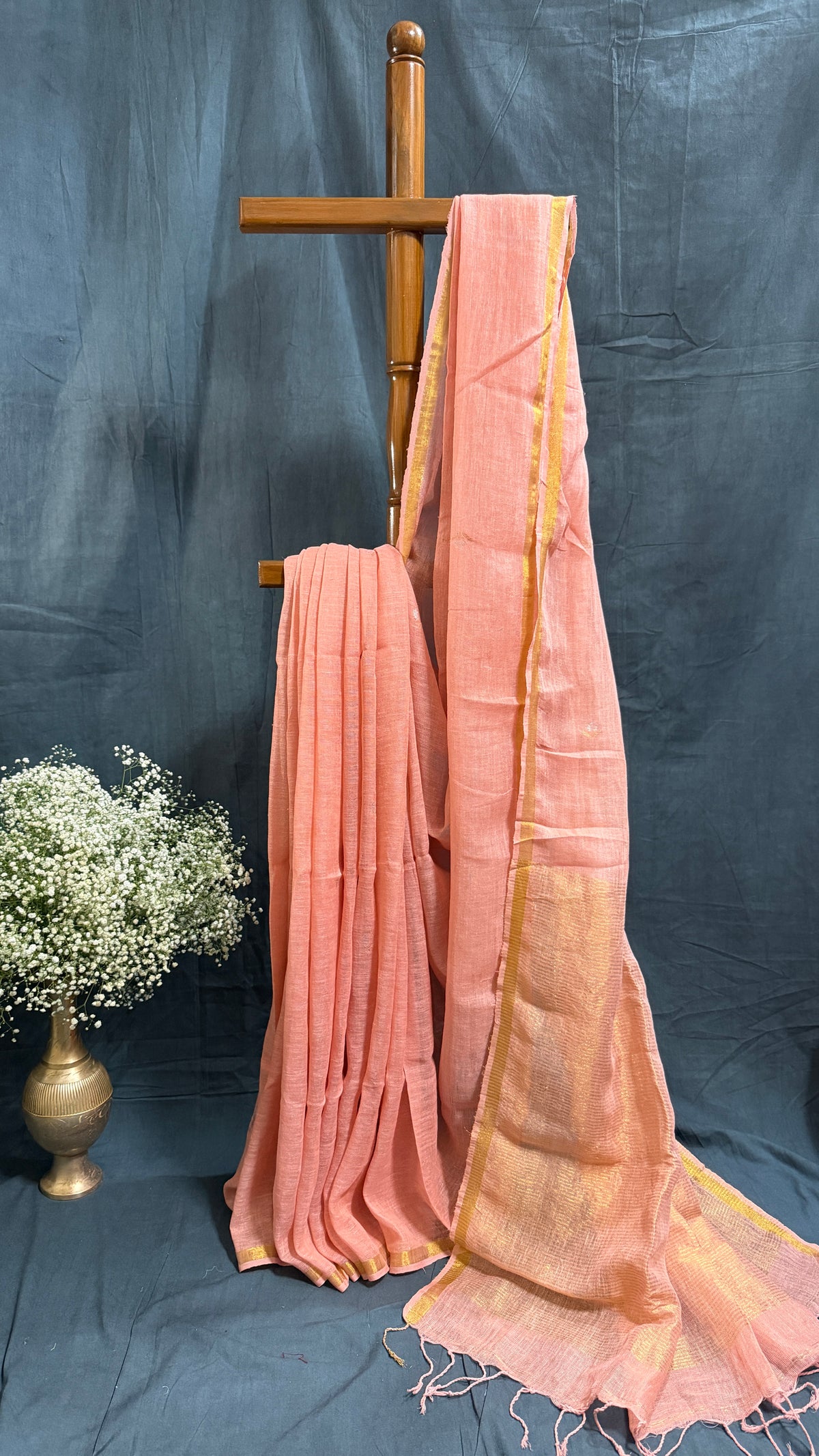 Handloom Linen Silk with Jamdani Buti - Dusty Coral