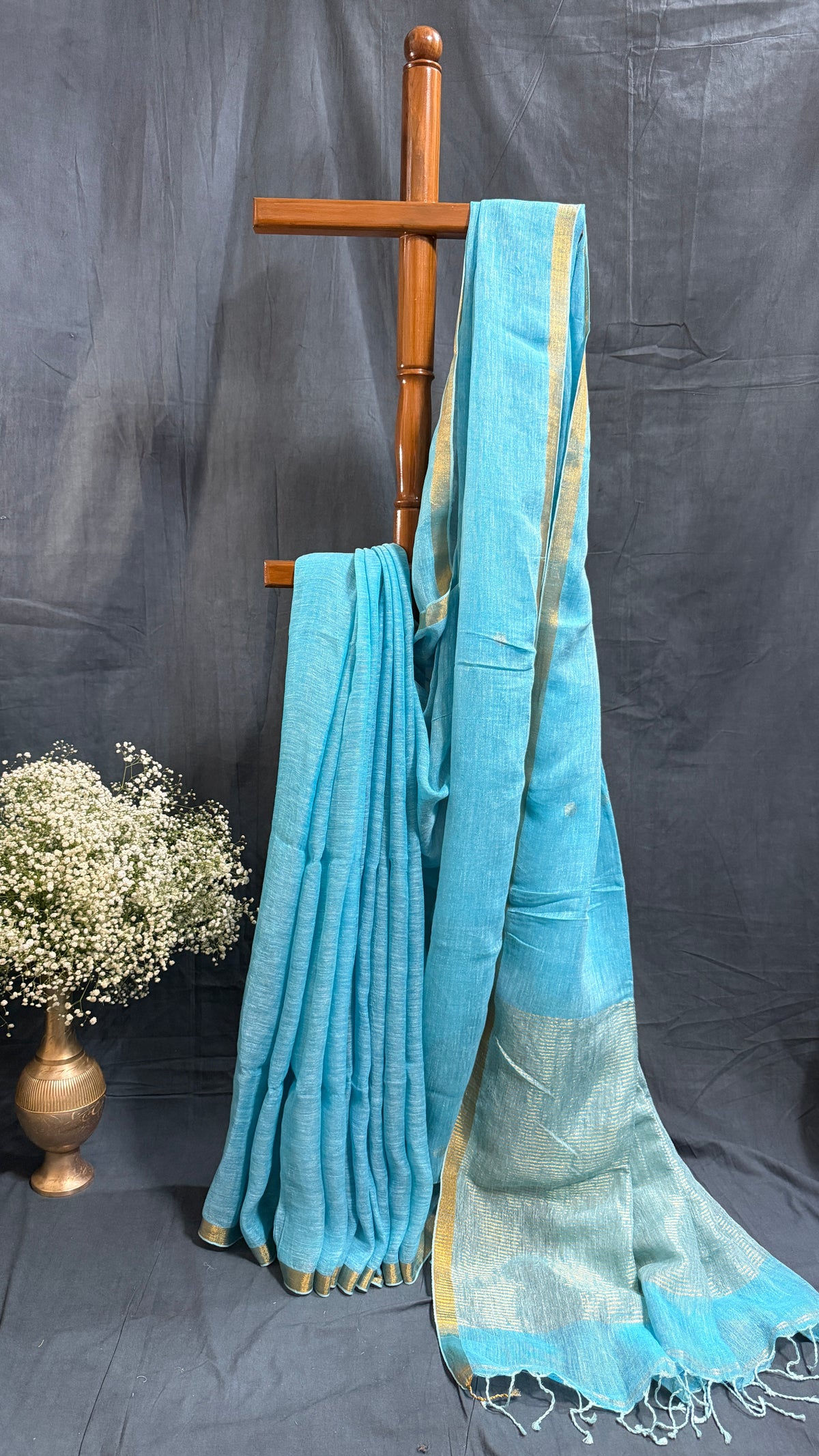 Handloom Linen Silk with Jamdani Buti - Sky Blue