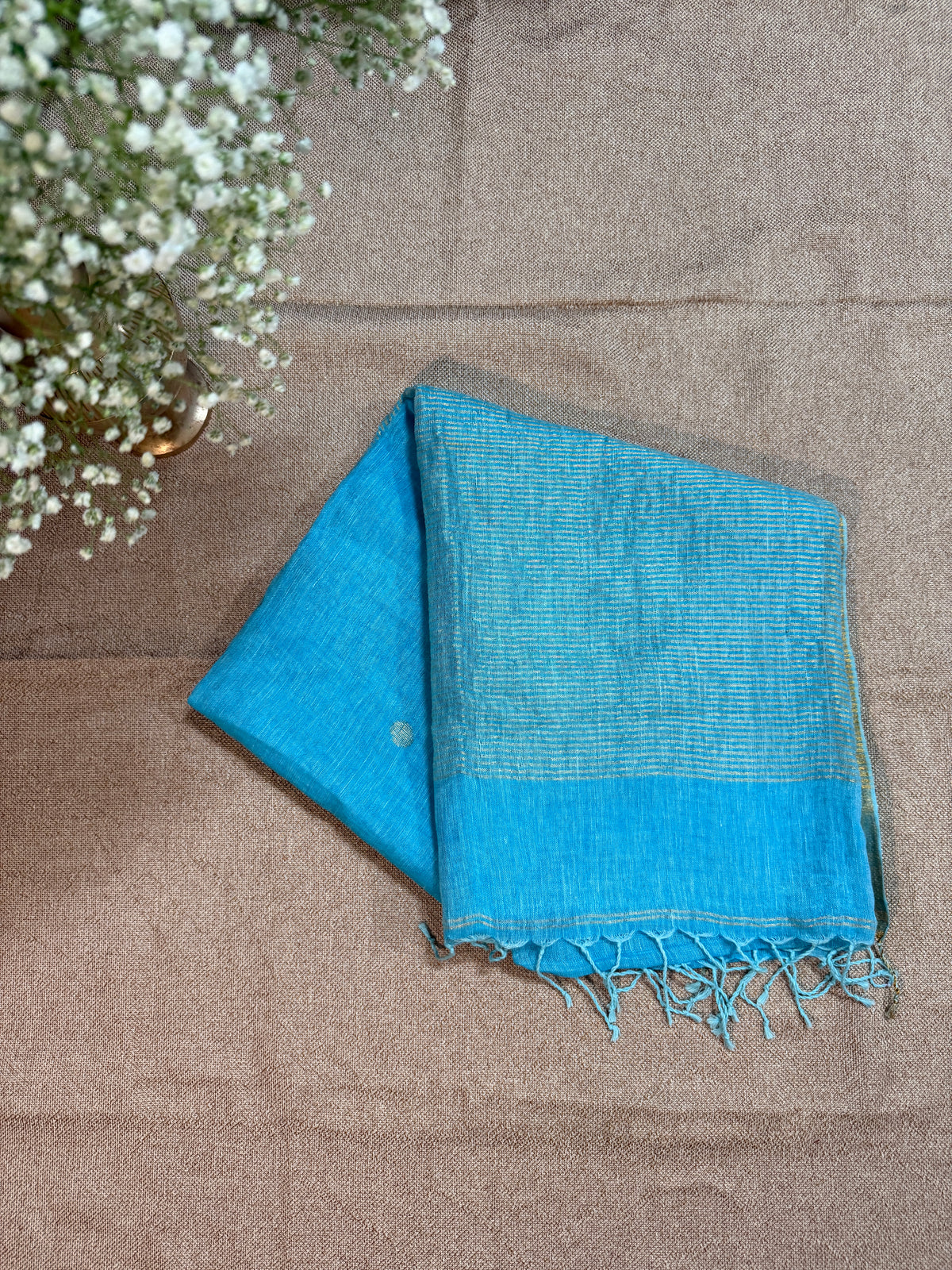 Handloom Linen Silk with Jamdani Buti - Sky Blue