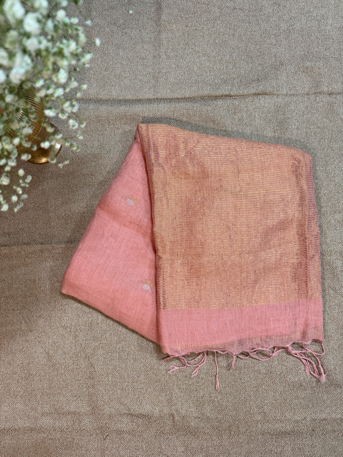 Handloom Linen Silk with Jamdani Buti - Dusty Coral
