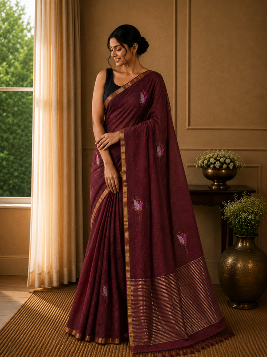 Linen with Jamdani Tulip Motif - Maroon