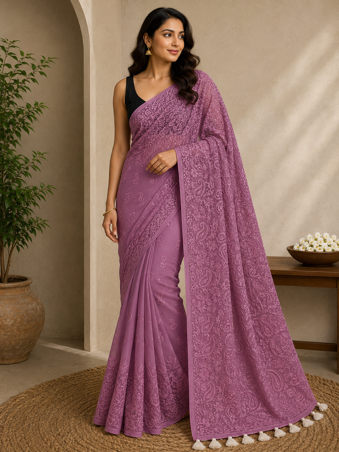 Chikankari on Mul Cotton Handloom Saree - Mauve