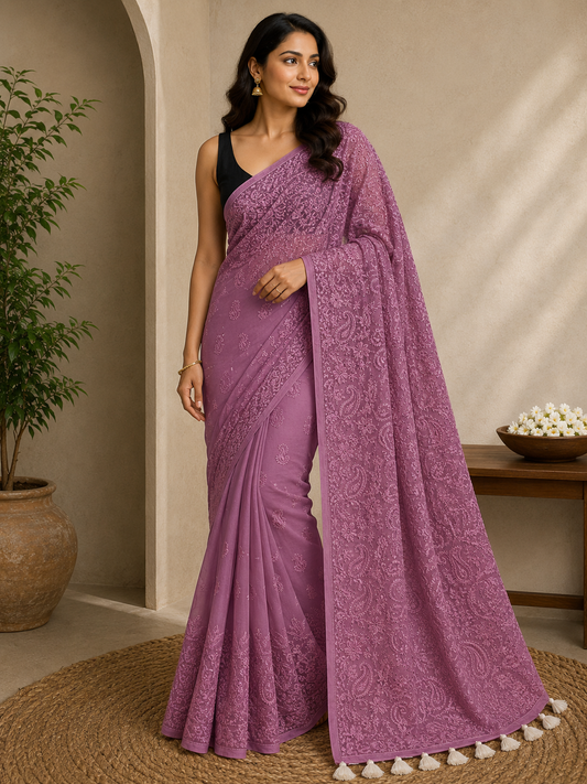 Chikankari on Mul Cotton Handloom Saree - Mauve