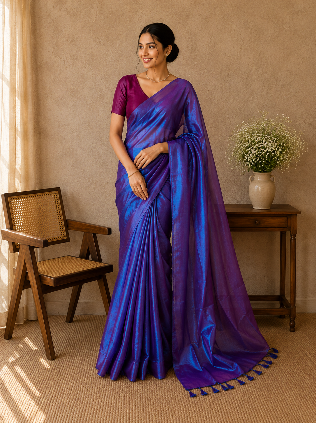 Metalic Purple Blue Dual Tone Mul Tissue Saree