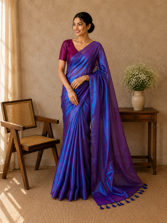 Metalic Purple Blue Dual Tone Mul Tissue Saree