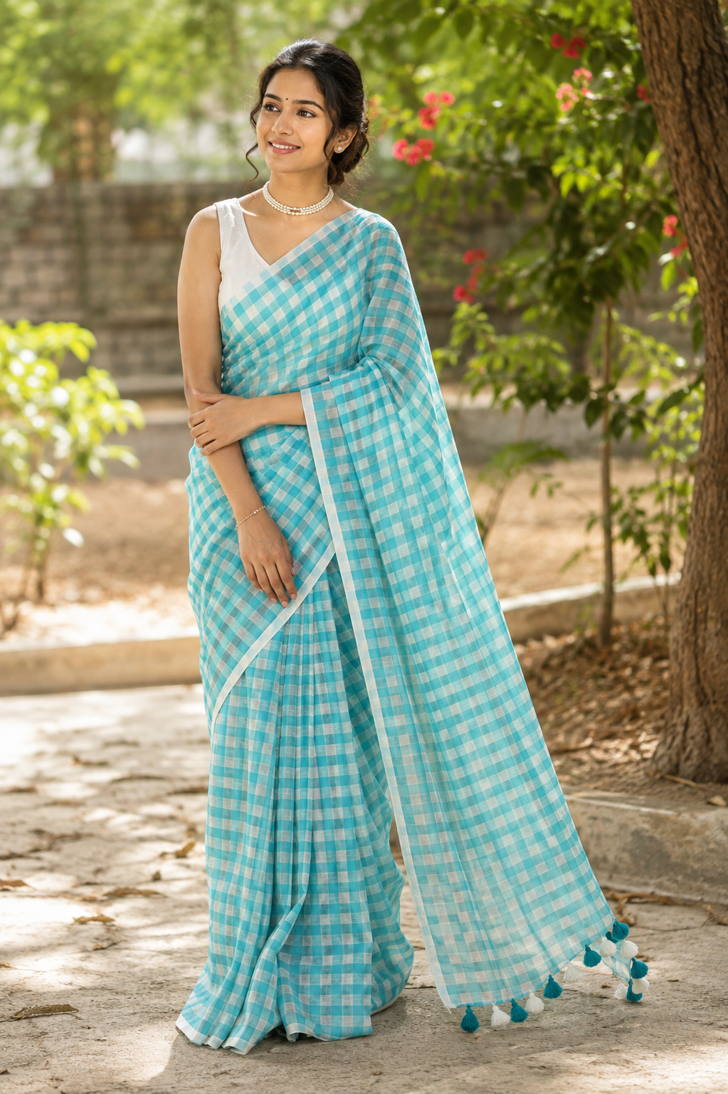 Mint Green Gingham Checkered Handloom Mul Cotton