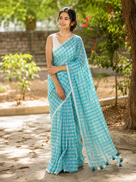 Mint Green Gingham Checkered Handloom Mul Cotton