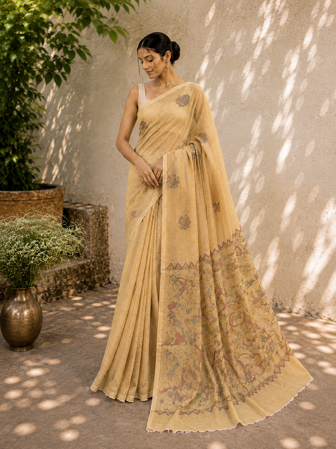 Kantha Embroidery on Mul Cotton Handloom Saree - Beige