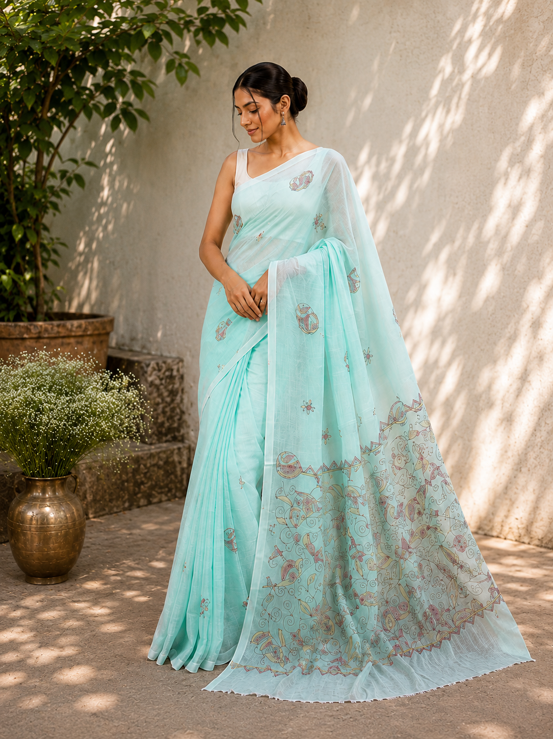 Kantha Embroidery on Mul Cotton Handloom Saree - Sky Blue