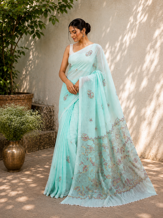 Kantha Embroidery on Mul Cotton Handloom Saree - Sky Blue