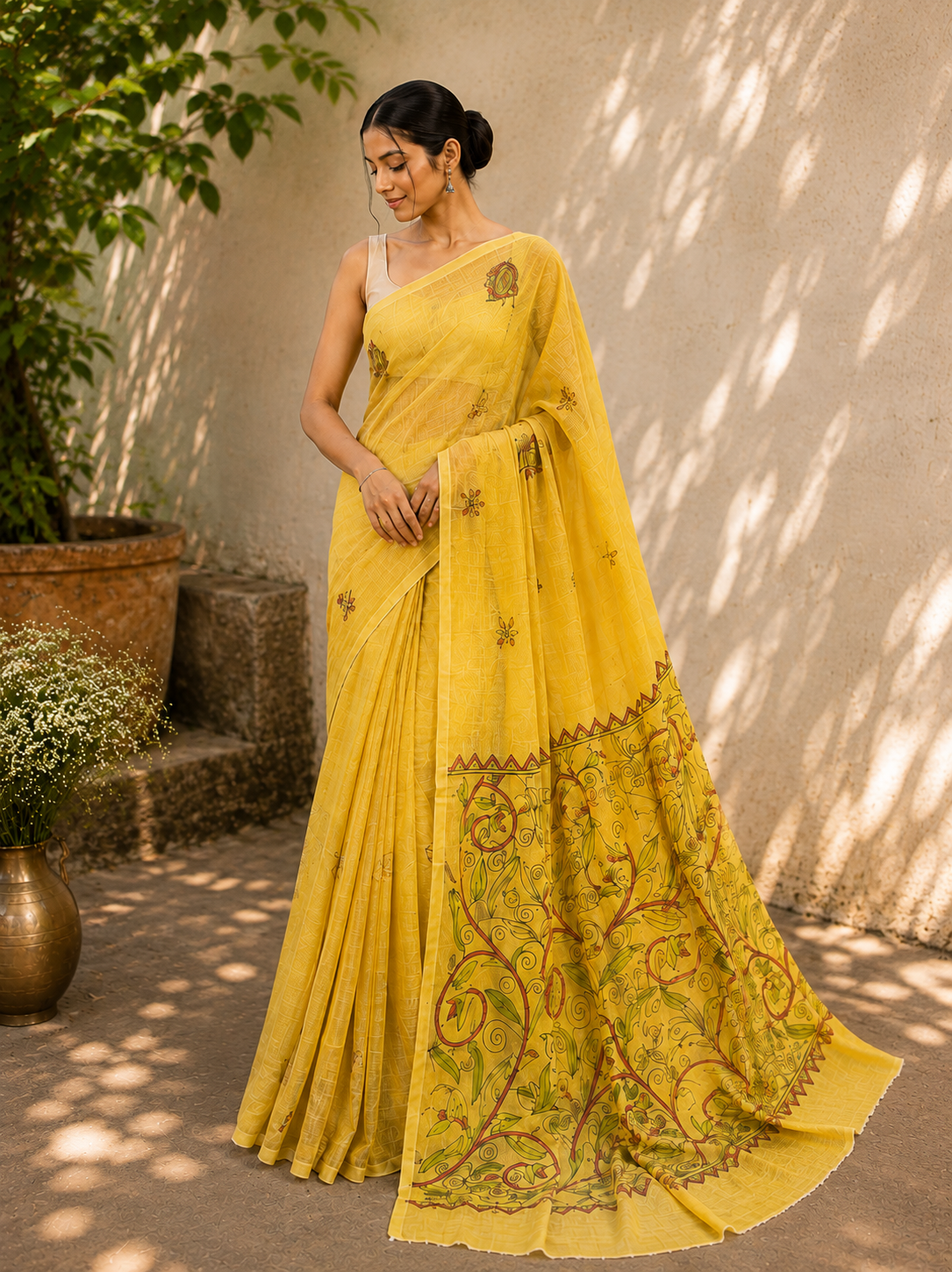 Kantha Embroidery on Mul Cotton Handloom Saree - Yellow