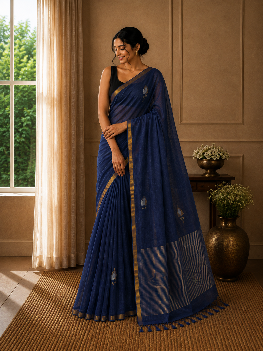 Linen with Jamdani Tulip Motif - Navy Blue