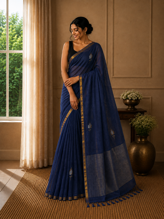 Linen with Jamdani Tulip Motif - Navy Blue