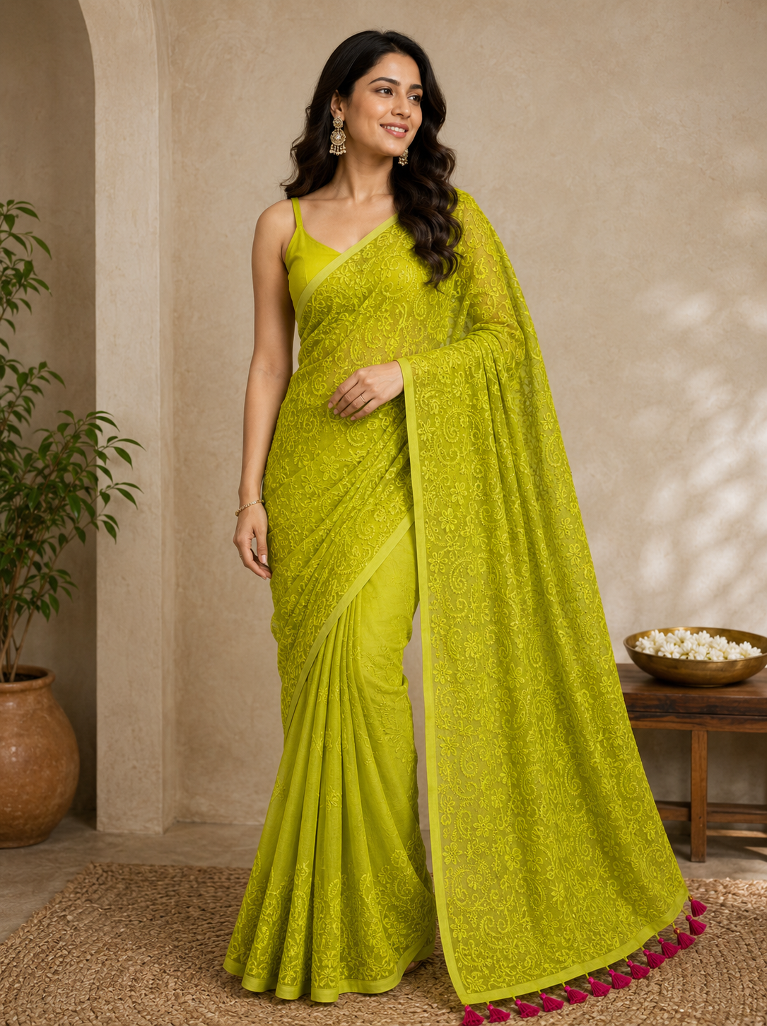 Chikankari on Mul Cotton Handloom Saree -Parrot Green