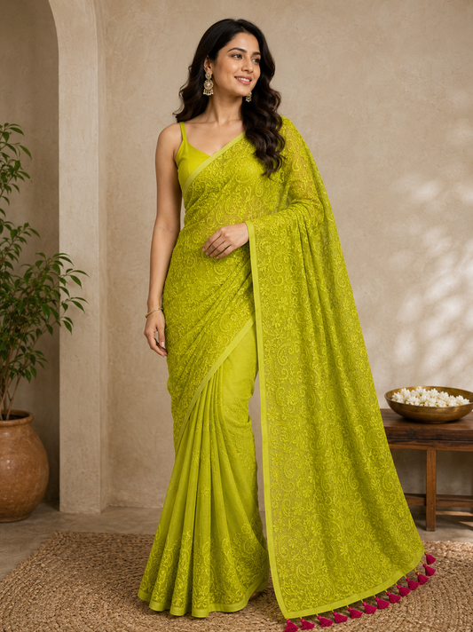 Chikankari on Mul Cotton Handloom Saree -Parrot Green