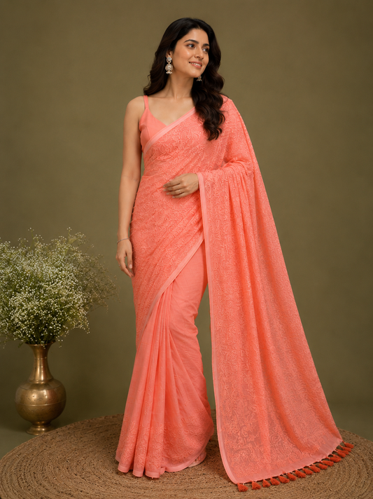 Chikankari on Mul Cotton Handloom Saree - Peach