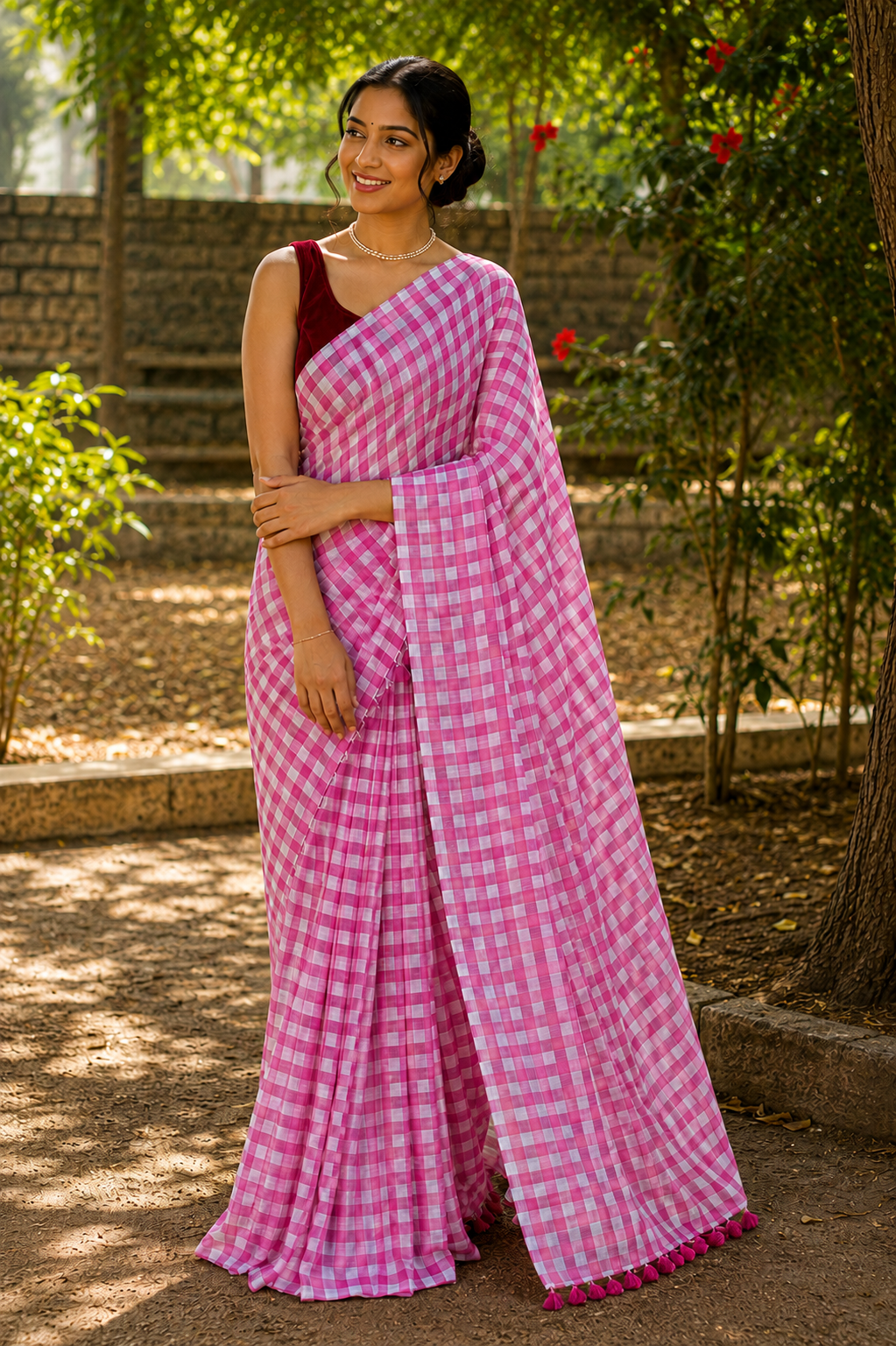 Pink Gingham Checkered Handloom Mul Cotton