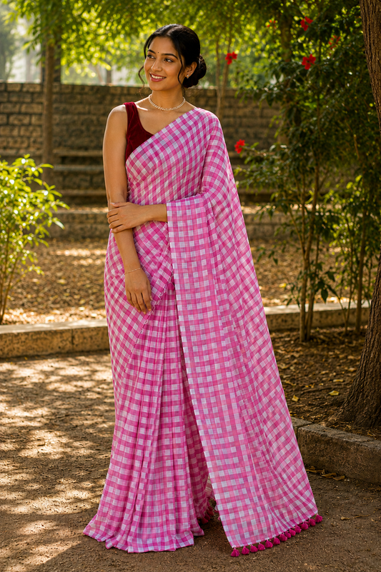 Pink Gingham Checkered Handloom Mul Cotton