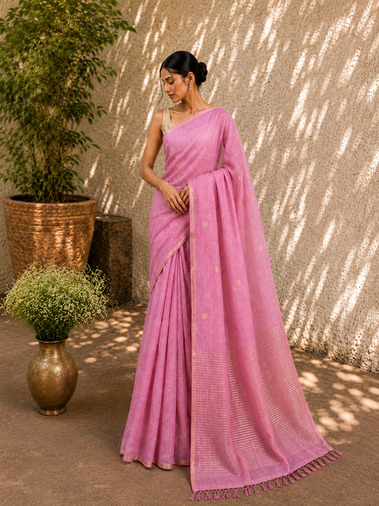 Handloom Linen Silk with Jamdani Buti - Pink